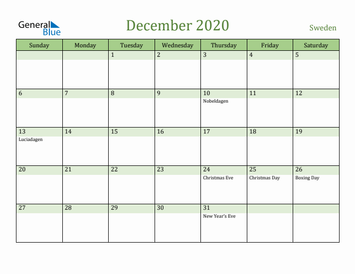 December 2020 Calendar with Sweden Holidays