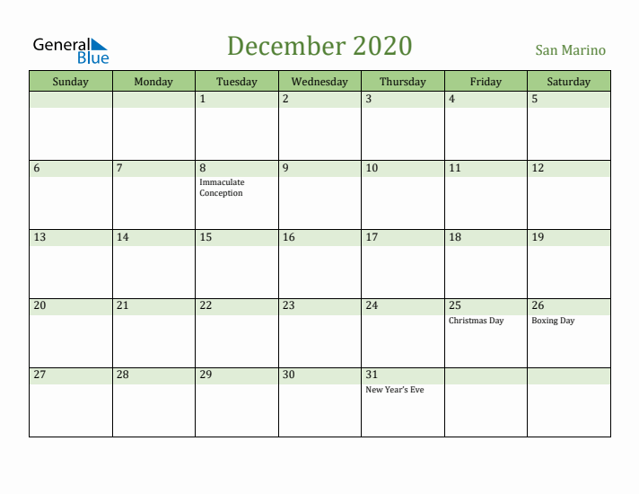 December 2020 Calendar with San Marino Holidays