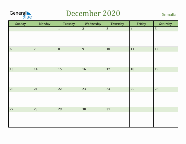 December 2020 Calendar with Somalia Holidays