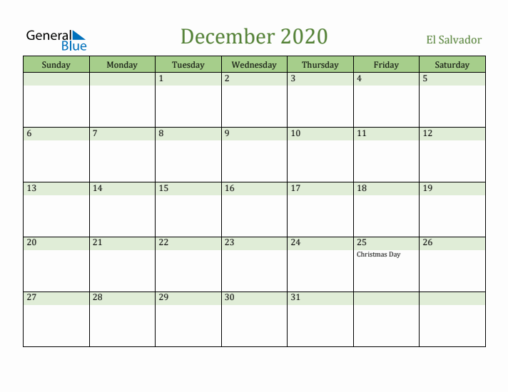 December 2020 Calendar with El Salvador Holidays