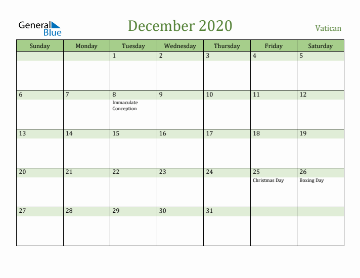 December 2020 Calendar with Vatican Holidays