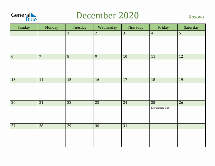 December 2020 Calendar with Kosovo Holidays