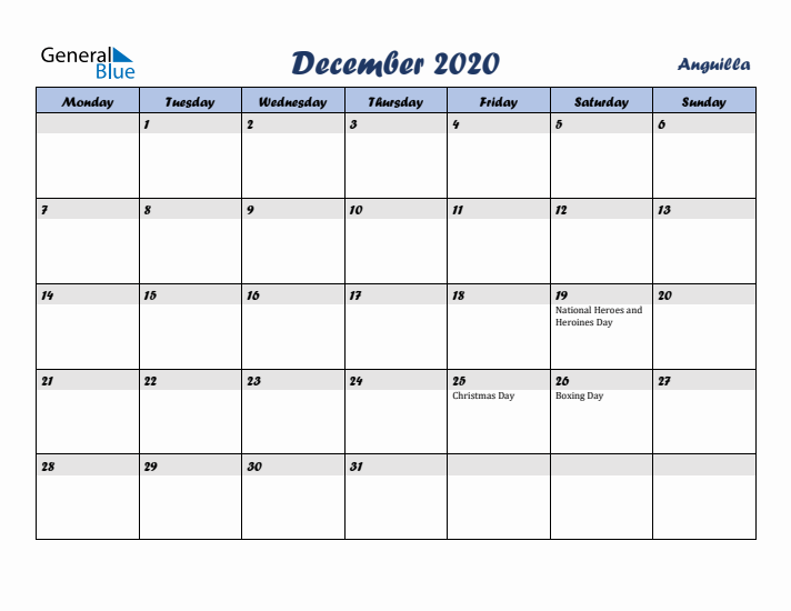 December 2020 Calendar with Holidays in Anguilla