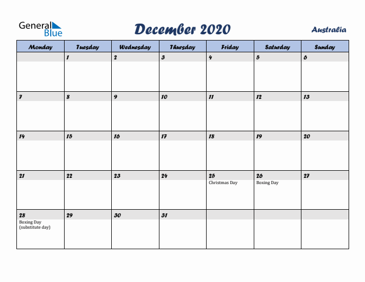 December 2020 Calendar with Holidays in Australia