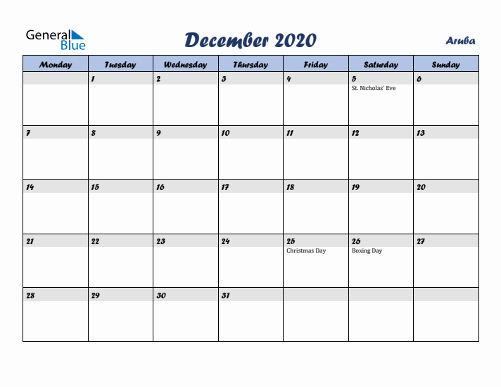 December 2020 Calendar with Holidays in Aruba