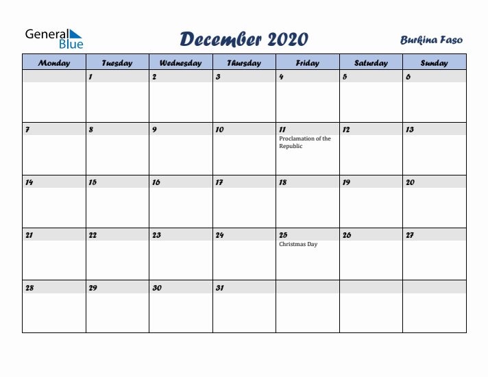 December 2020 Calendar with Holidays in Burkina Faso