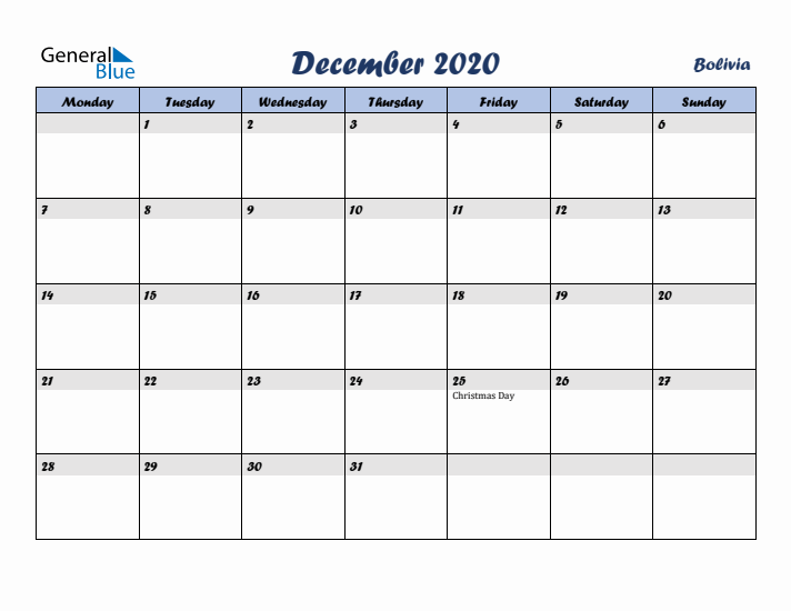 December 2020 Calendar with Holidays in Bolivia