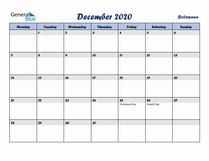 December 2020 Calendar with Holidays in Botswana