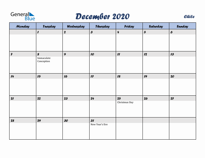 December 2020 Calendar with Holidays in Chile