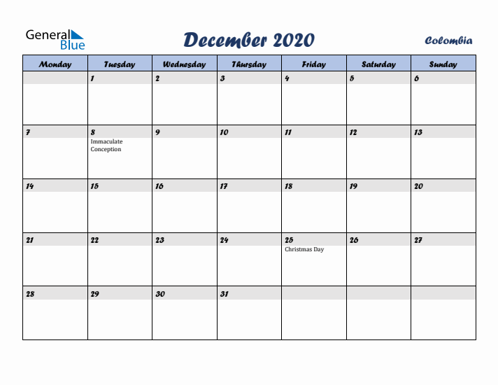 December 2020 Calendar with Holidays in Colombia