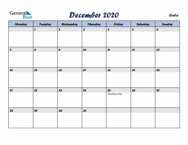 December 2020 Calendar with Holidays in Cuba