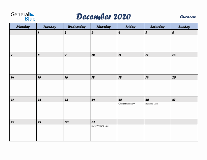 December 2020 Calendar with Holidays in Curacao