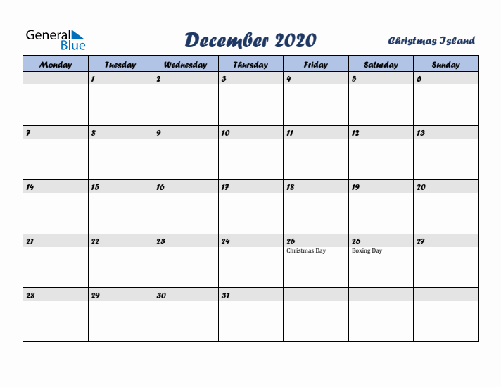 December 2020 Calendar with Holidays in Christmas Island