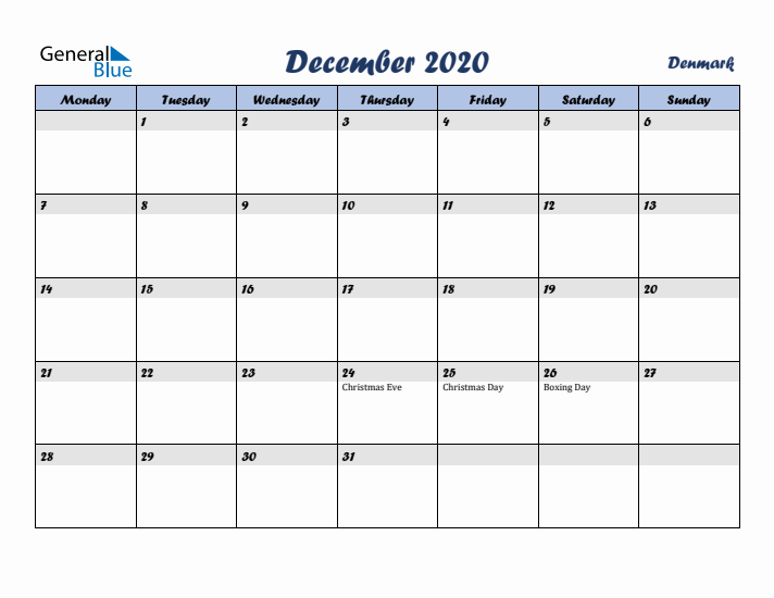 December 2020 Calendar with Holidays in Denmark