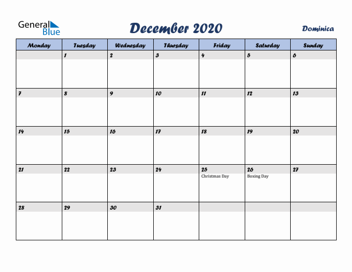 December 2020 Calendar with Holidays in Dominica