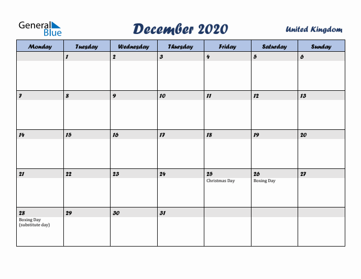 December 2020 Calendar with Holidays in United Kingdom