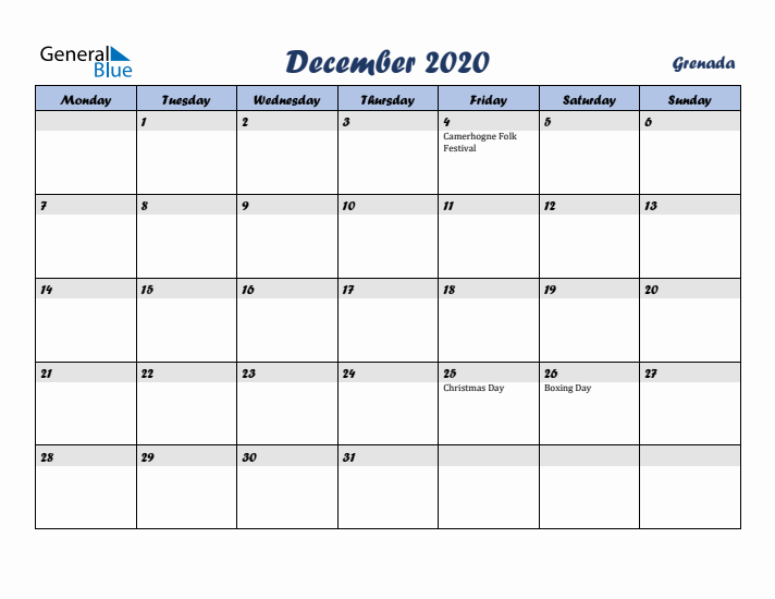 December 2020 Calendar with Holidays in Grenada