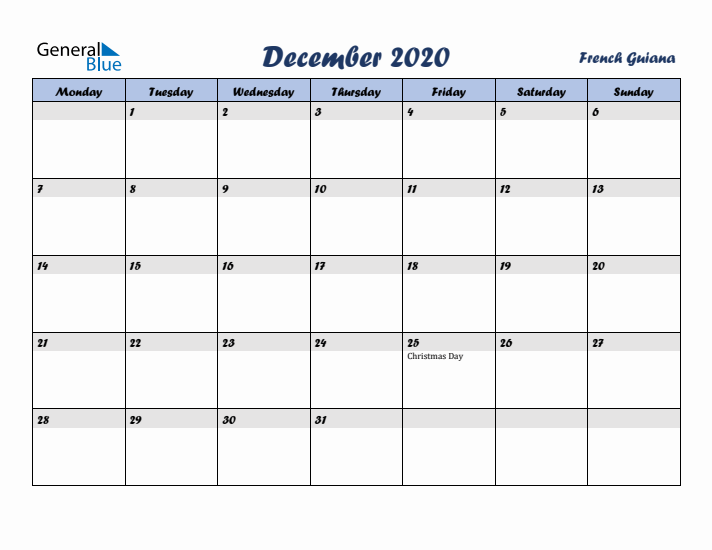 December 2020 Calendar with Holidays in French Guiana