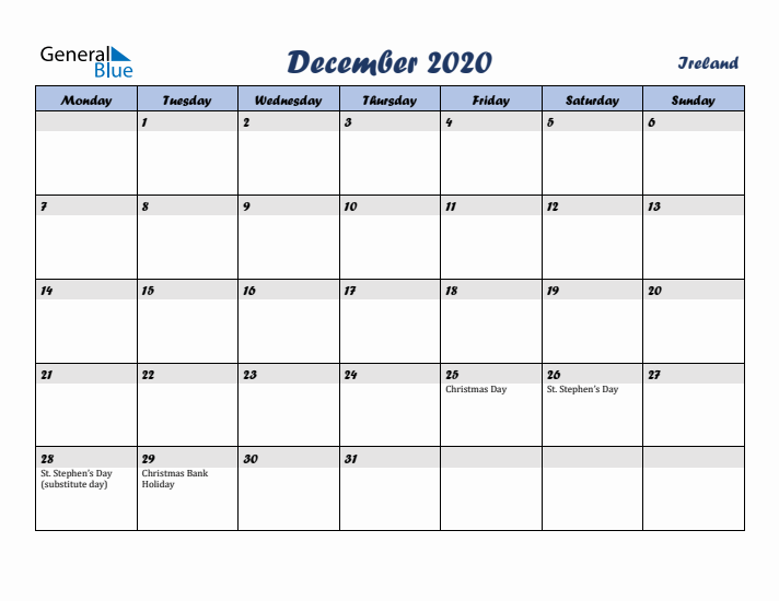 December 2020 Calendar with Holidays in Ireland