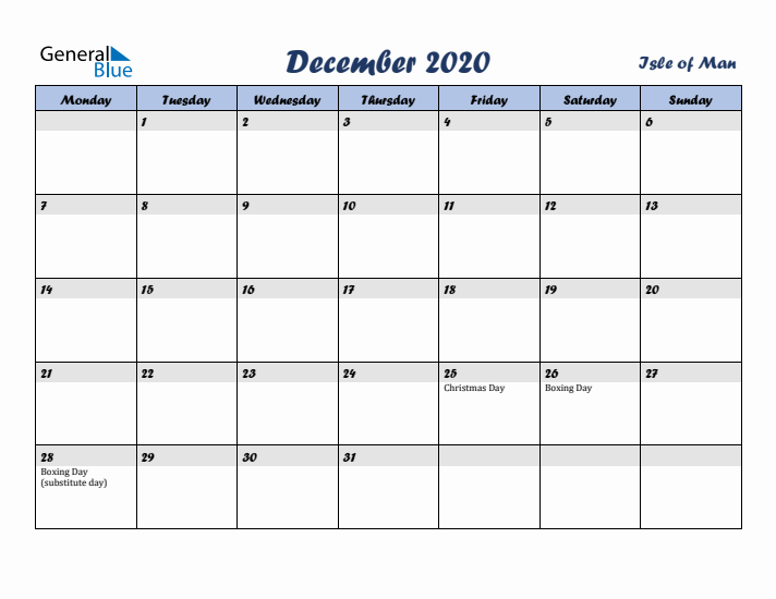 December 2020 Calendar with Holidays in Isle of Man