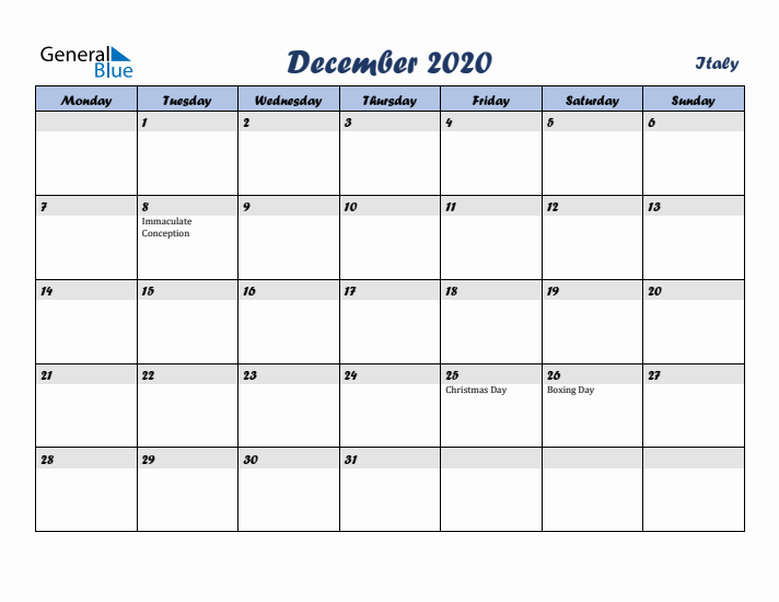 December 2020 Calendar with Holidays in Italy