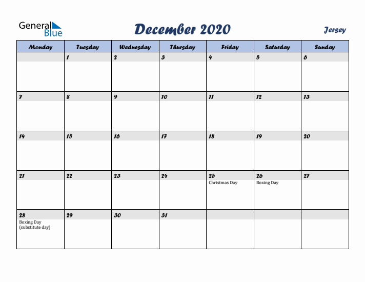 December 2020 Calendar with Holidays in Jersey