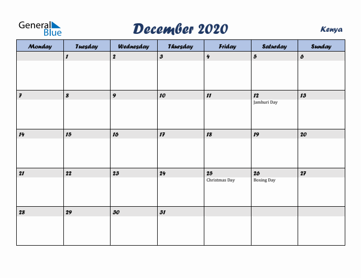 December 2020 Calendar with Holidays in Kenya