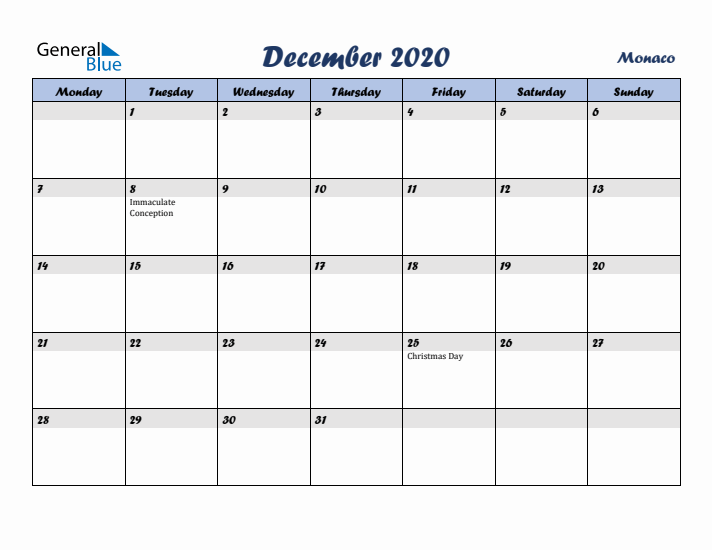 December 2020 Calendar with Holidays in Monaco