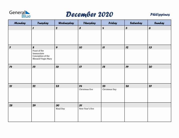 December 2020 Calendar with Holidays in Philippines