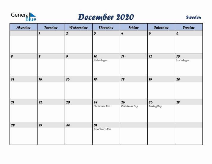 December 2020 Calendar with Holidays in Sweden