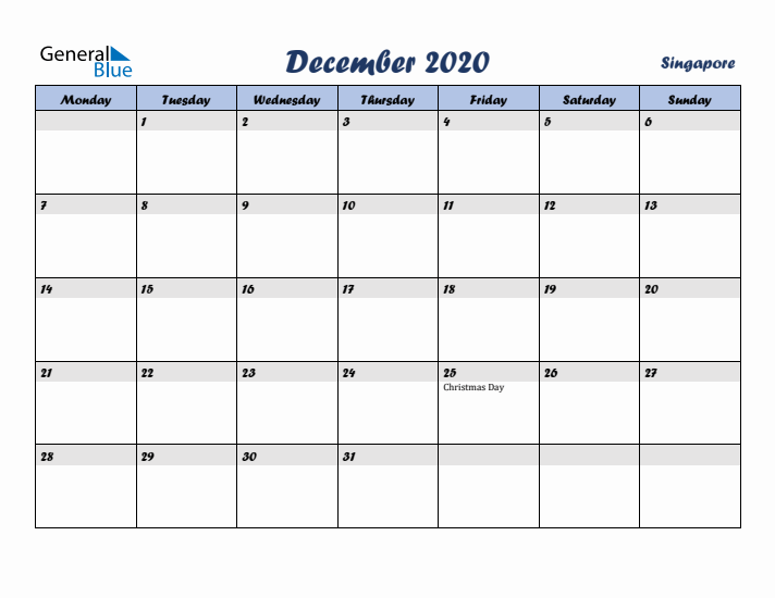 December 2020 Calendar with Holidays in Singapore