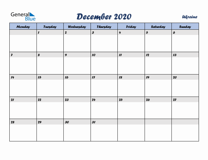 December 2020 Calendar with Holidays in Ukraine