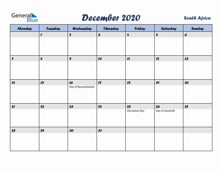 December 2020 Calendar with Holidays in South Africa