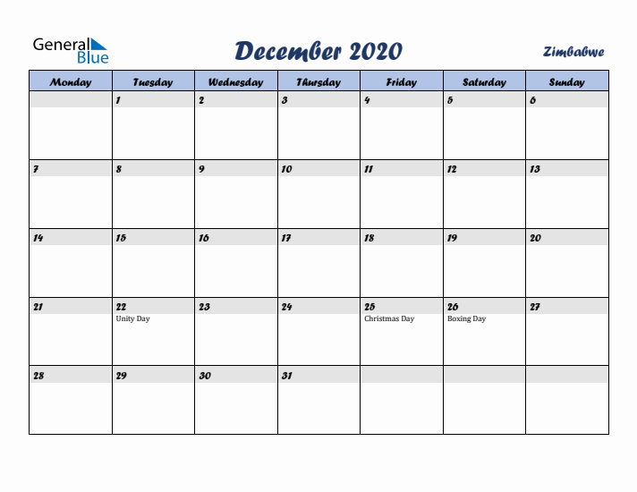 December 2020 Calendar with Holidays in Zimbabwe