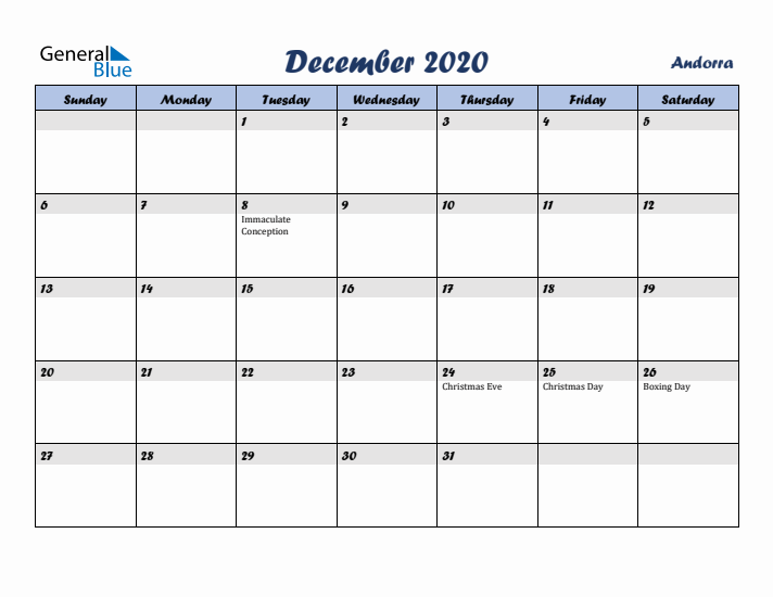 December 2020 Calendar with Holidays in Andorra