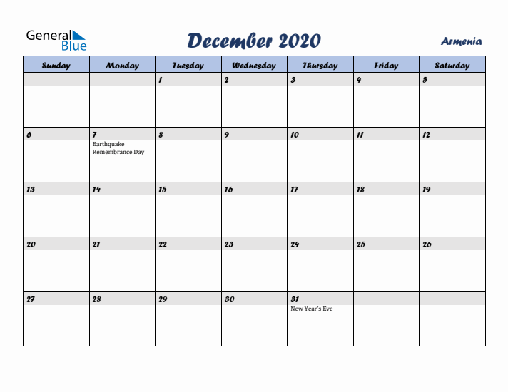 December 2020 Calendar with Holidays in Armenia