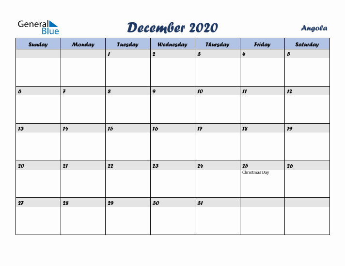 December 2020 Calendar with Holidays in Angola