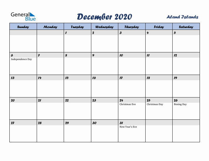 December 2020 Calendar with Holidays in Aland Islands