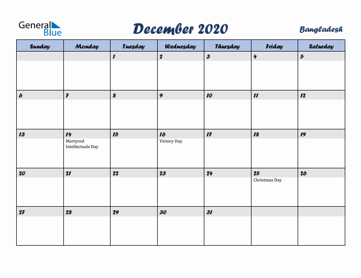 December 2020 Calendar with Holidays in Bangladesh