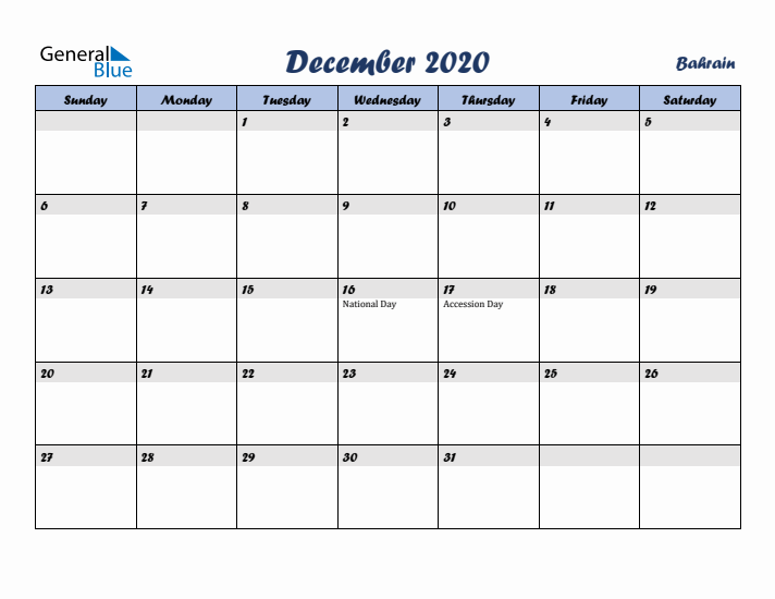 December 2020 Calendar with Holidays in Bahrain