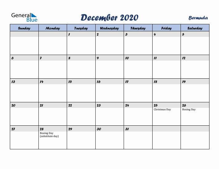 December 2020 Calendar with Holidays in Bermuda