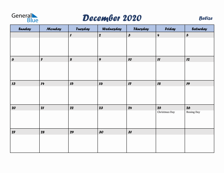 December 2020 Calendar with Holidays in Belize