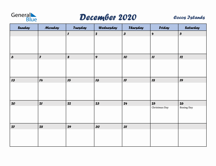 December 2020 Calendar with Holidays in Cocos Islands