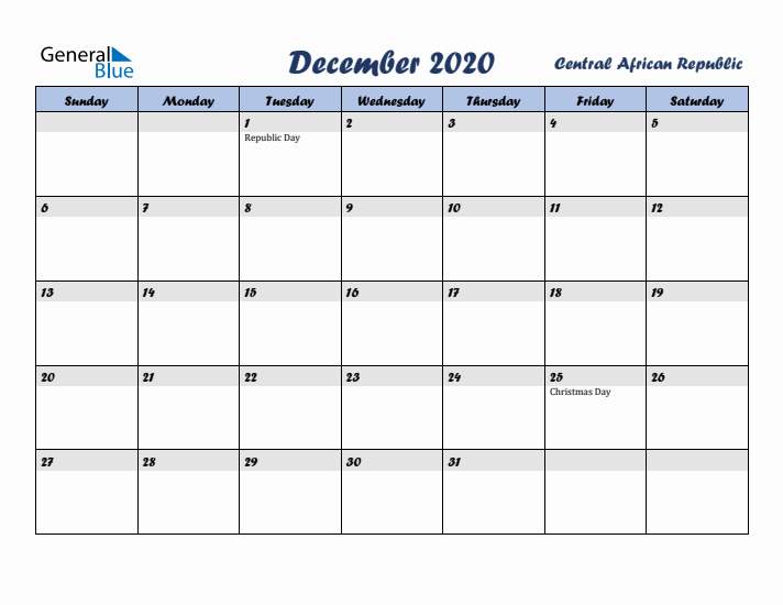 December 2020 Calendar with Holidays in Central African Republic