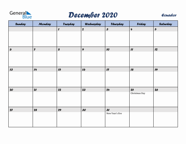 December 2020 Calendar with Holidays in Ecuador