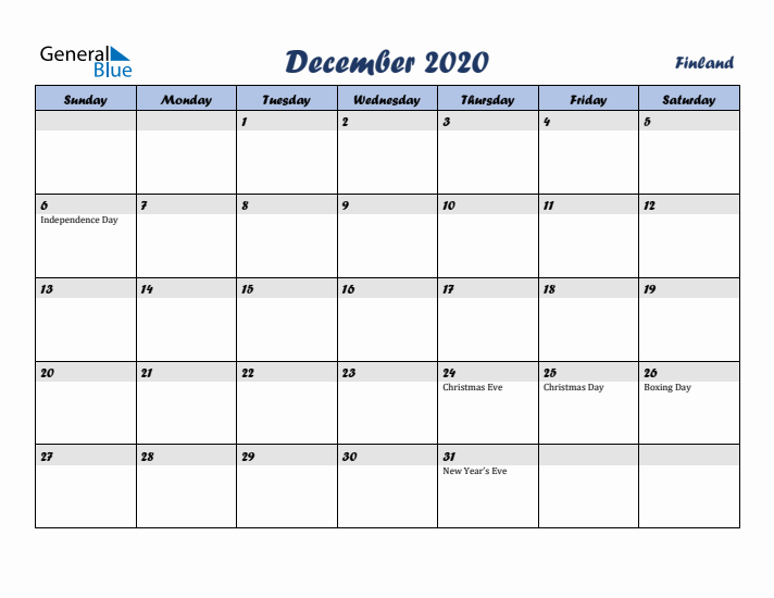 December 2020 Calendar with Holidays in Finland