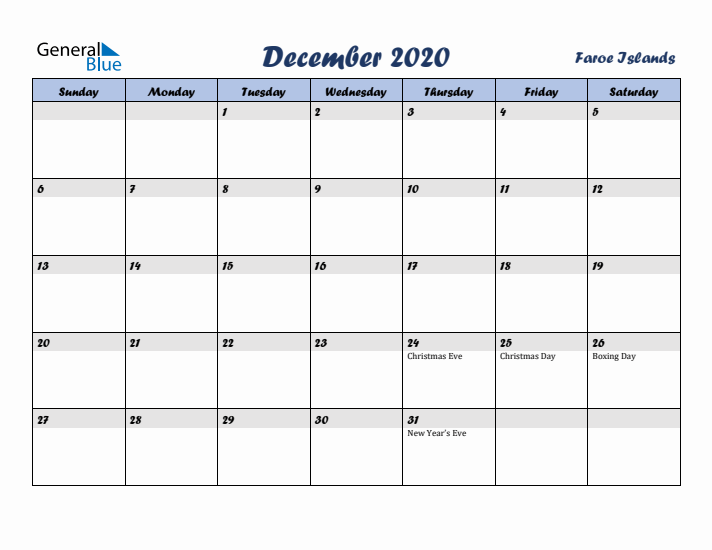 December 2020 Calendar with Holidays in Faroe Islands