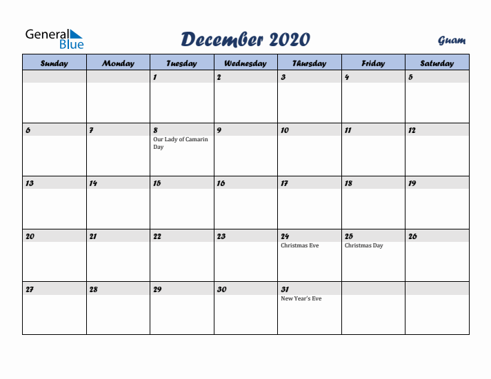 December 2020 Calendar with Holidays in Guam