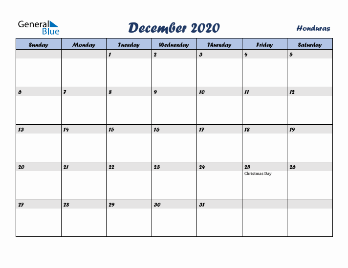 December 2020 Calendar with Holidays in Honduras