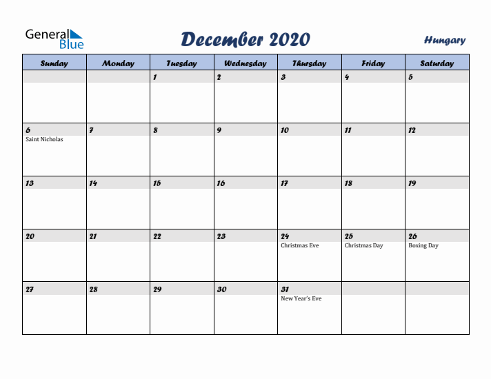 December 2020 Calendar with Holidays in Hungary